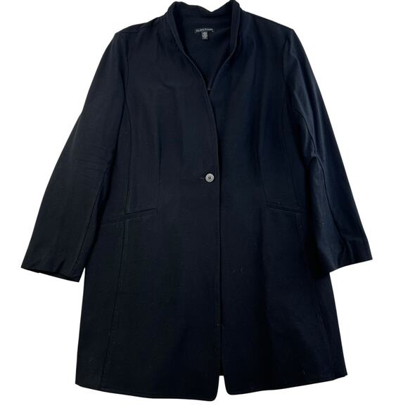 EILEEN FISHER L Large Washable Stretch Crepe Jacket Single Button Long Black - Picture 2 of 14